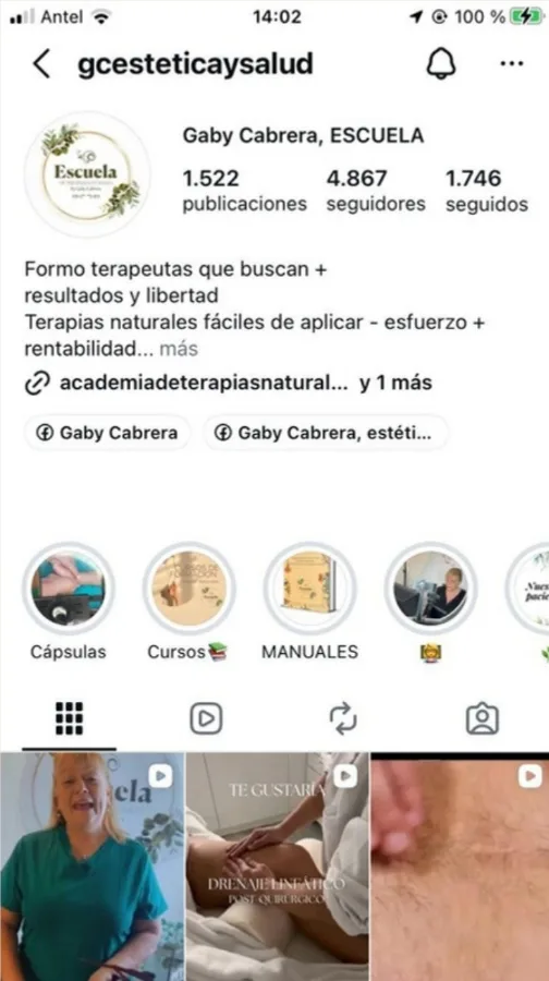 Perfil de Escuela Gaby Cabrera en Instagram antes