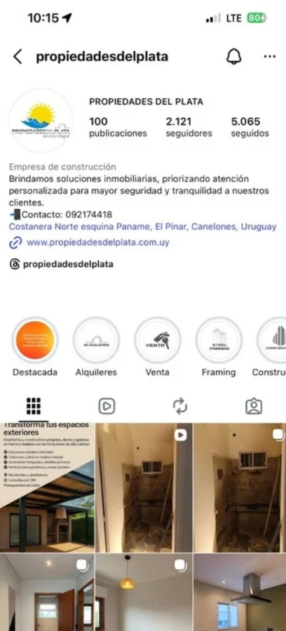 Perfil de Propiedades del Plata en Instagram antes