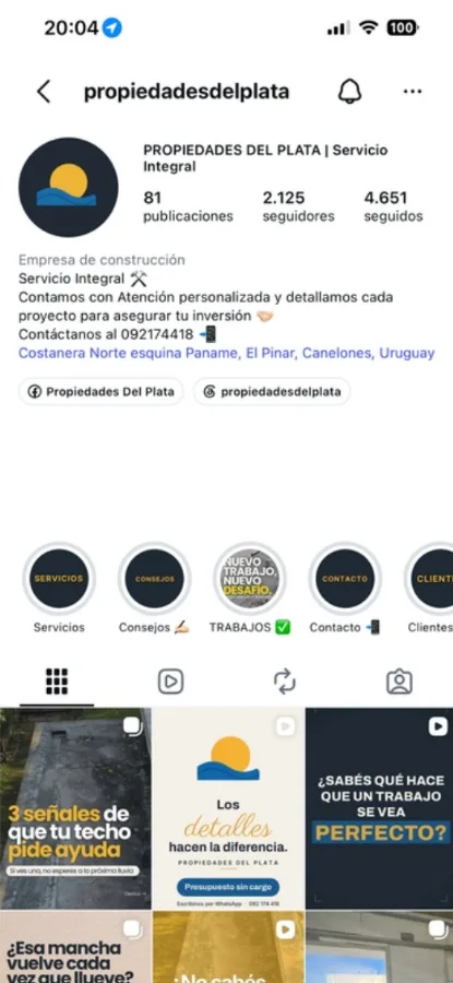 Perfil de Propiedades del Plata en Instagram hoy